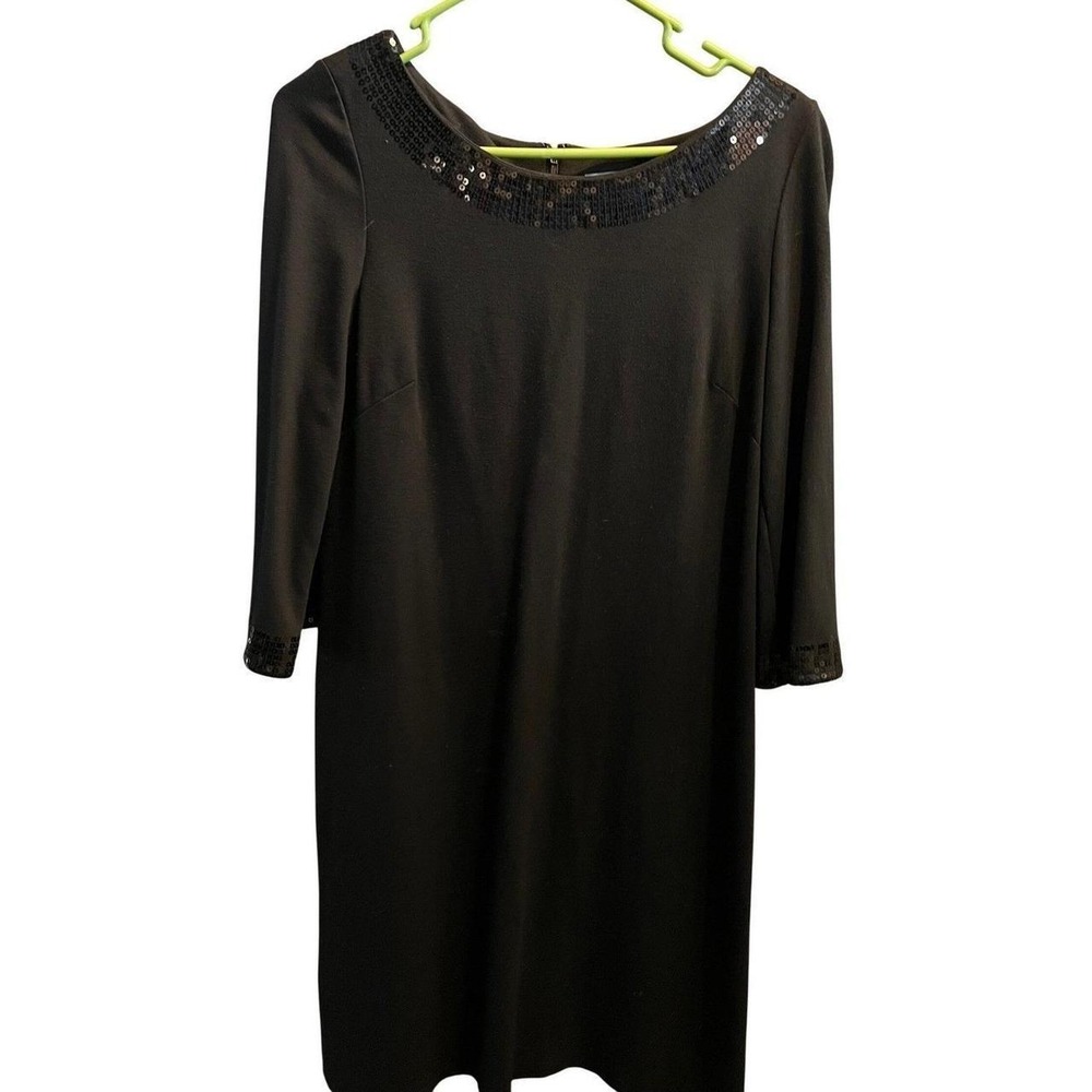 Ann Taylor Womens Black Sequin Trim 3/4 Sleeve Sheath Dress Size 8 LBD Cocktail